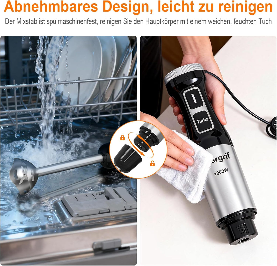 Ibergrif Stabmixer 1000W Edelstahl mit stufenloser Geschwindigkeitsregelung und Turbo Taste, Elektri