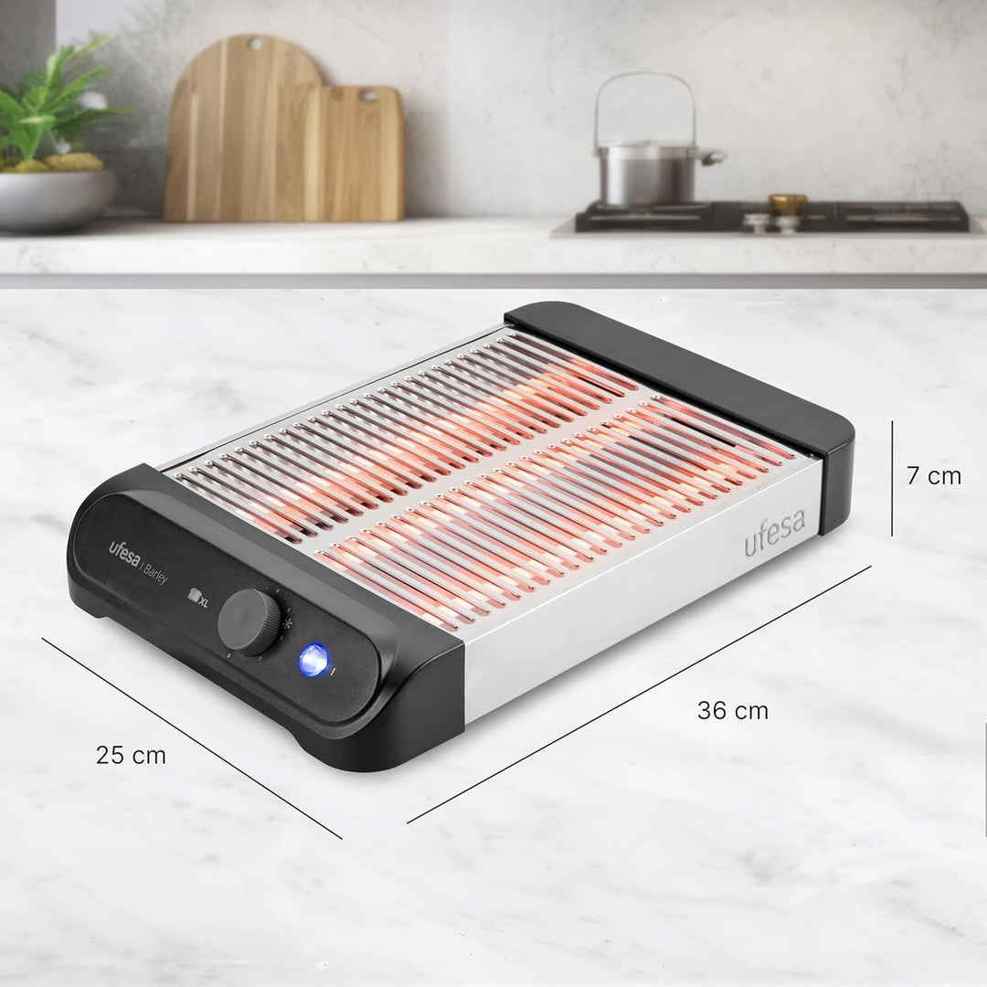 Ufesa Flacher Toaster Barley, 900W mit 3 Quarz-Heizelementen, Horizontaler Edelstahl-Toaster, XL-Grö