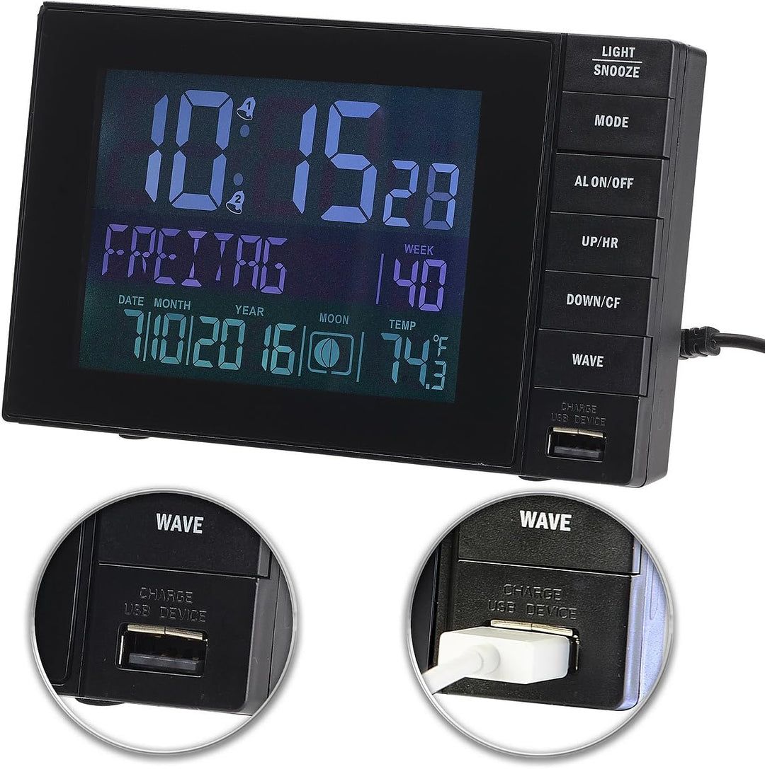 infactory Wecker mit Netzteil: Funkwecker mit Temperatur-Anzeige, USB-Ladestation (2 A), 2 Weckzeite