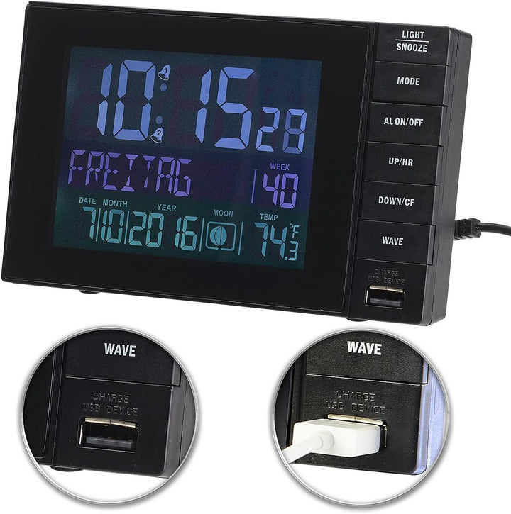 infactory Wecker mit Netzteil: Funkwecker mit Temperatur-Anzeige, USB-Ladestation (2 A), 2 Weckzeite