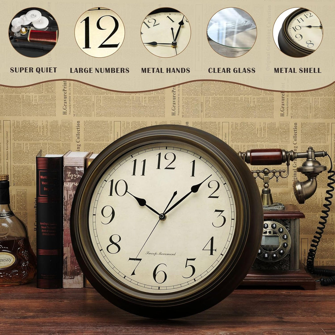 Plumeet Wanduhr Gross Klassisch 33cm Ruhige Retro Wanduhr ohne Tickgeräusche für Wohnzimmer - Schlaf