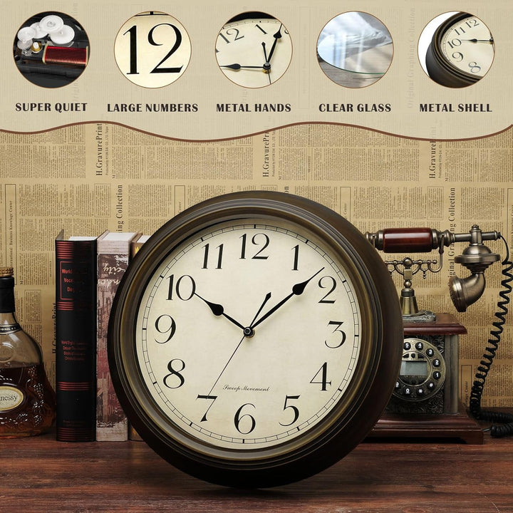 Plumeet Wanduhr Gross Klassisch 33cm Ruhige Retro Wanduhr ohne Tickgeräusche für Wohnzimmer - Schlaf