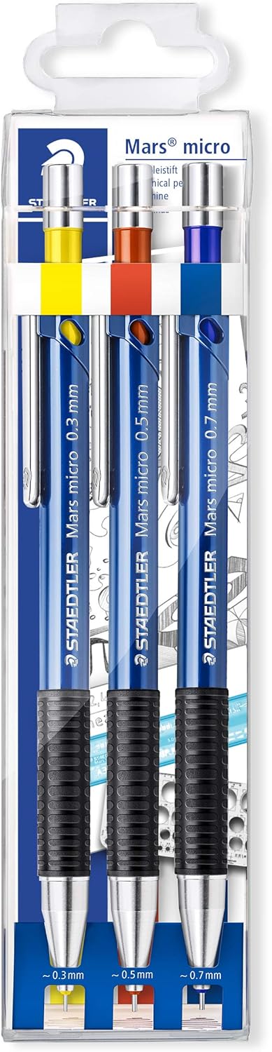 STAEDTLER Mars® micro 0,3mm + 0,5mm + 0,7mm Druckbleistifte 3er Set farbig Sparset mit 36 Feinminen