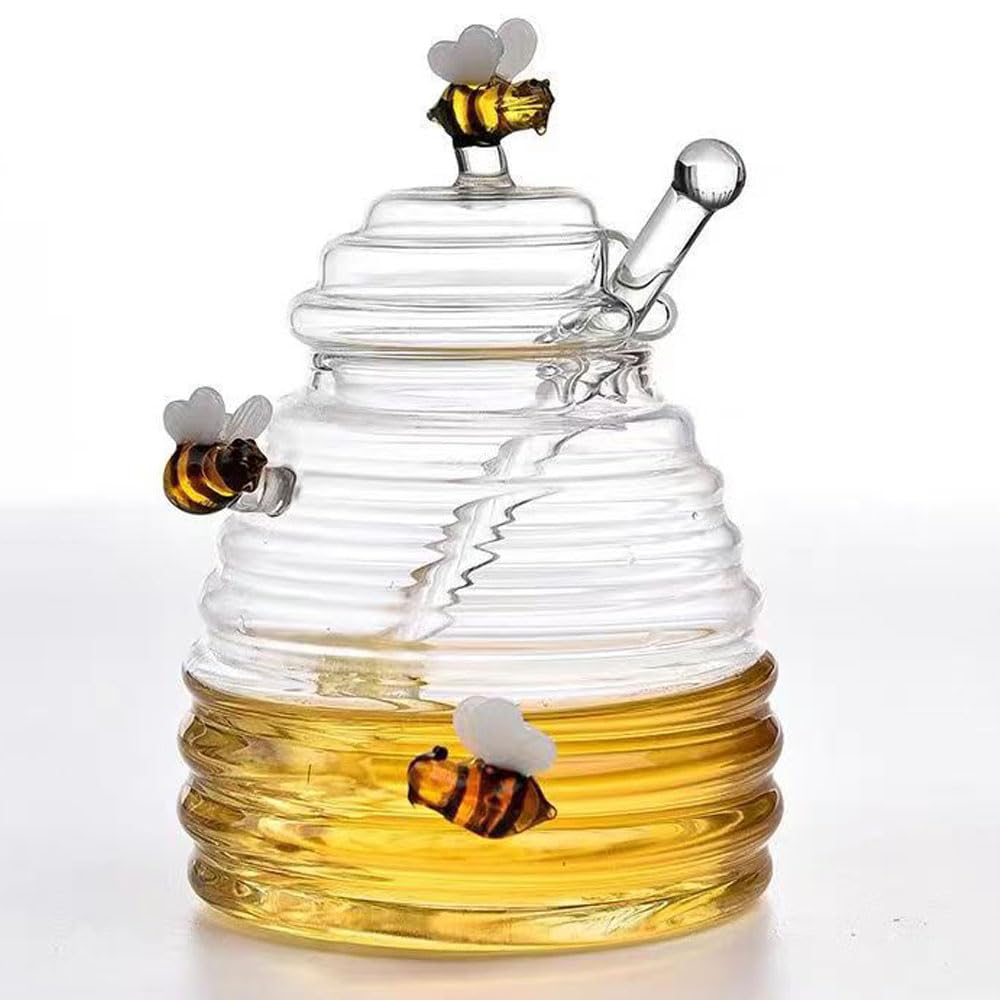 Honigglas aus Glas mit künstlerischen Bienen-Verzierungen und Glaslöffel, 450 ml