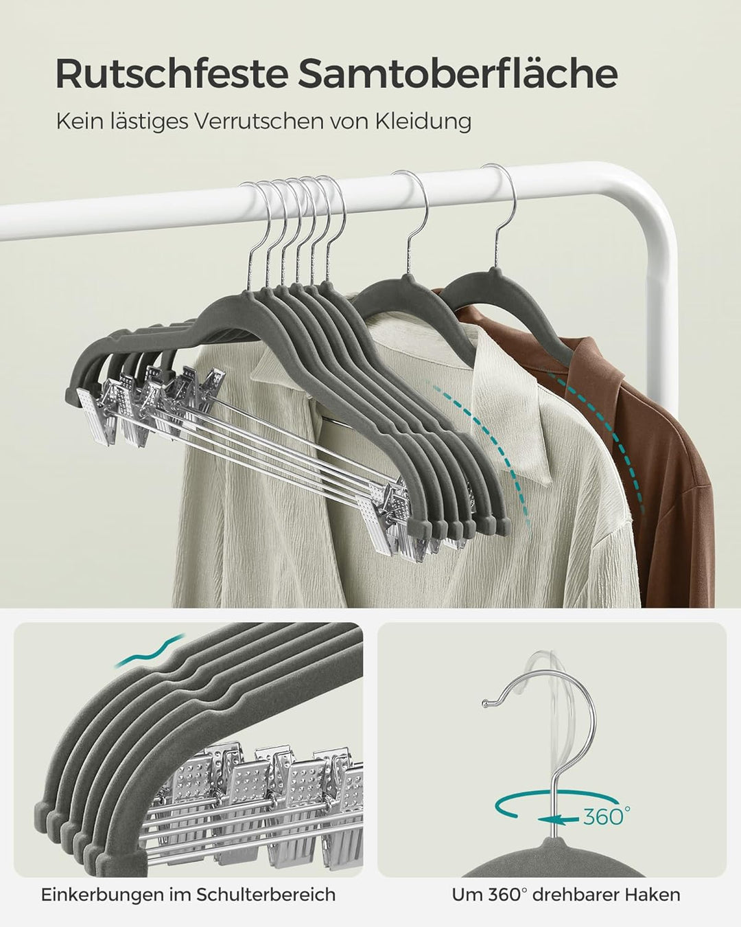 SONGMICS Kleiderbügel Samt, 10er Set, Rockbügel, 42,5 cm breit, mit verstellbaren Clips, rutschfest,