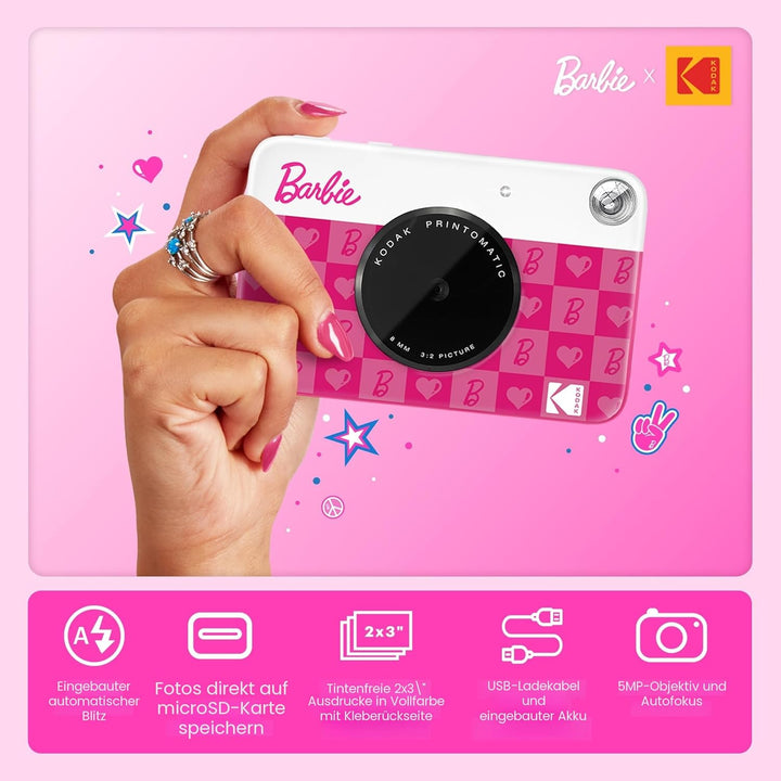 Barbie x Kodak Printomatic Digitale Kamera – 5MP Tragbare Barbie Kamera Drucken Bunte 2x3” Selbstkle