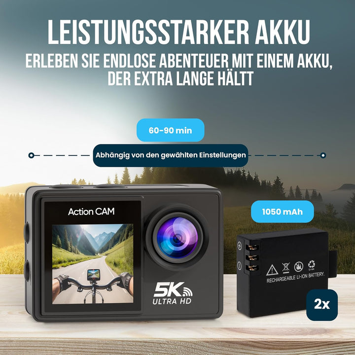 Strex Action Cam 5K 50MP - 60FPS / 30M Wasserdicht/WiFi - Touchscreen – Externes Mikrofon - Inklusiv