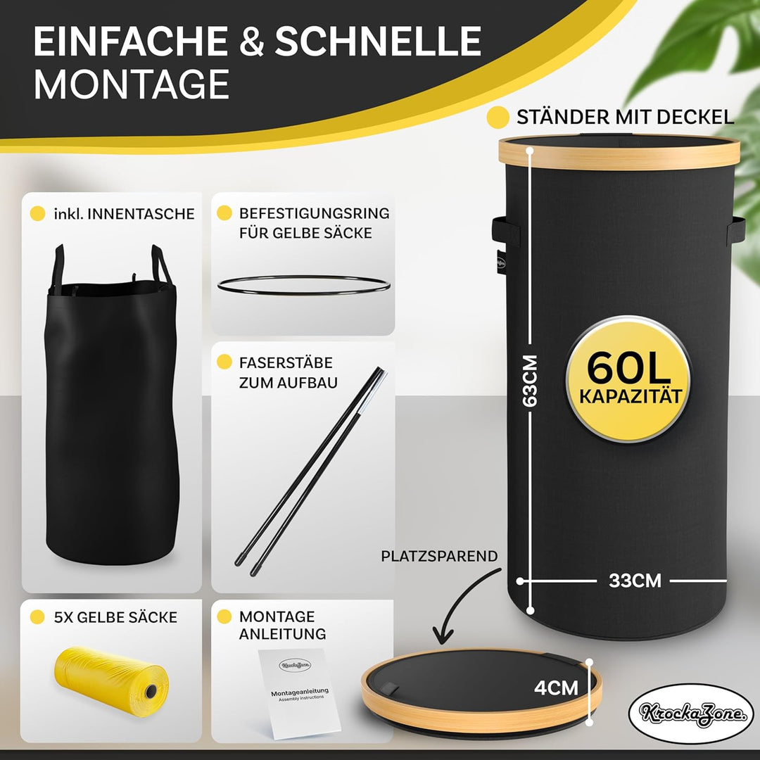 Gelber Sack Ständer mit Tragetasche & gelbe Säcke - Stabiler Müllsackständer, Mülleimer mit Deckel g