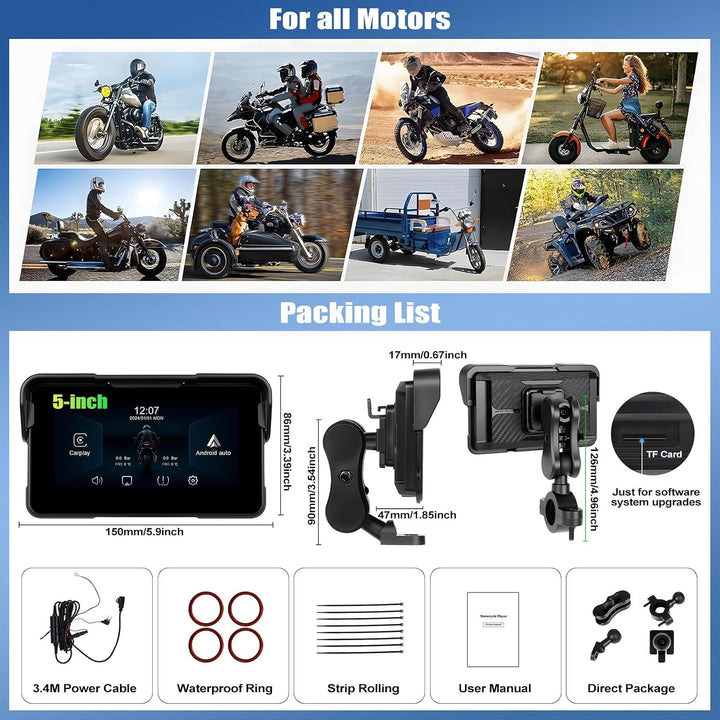 SIXWIN Motorrad Carplay Display für Moto mit Wireless Carplay Android Auto, 5 Zoll HD Touchscreen Bi