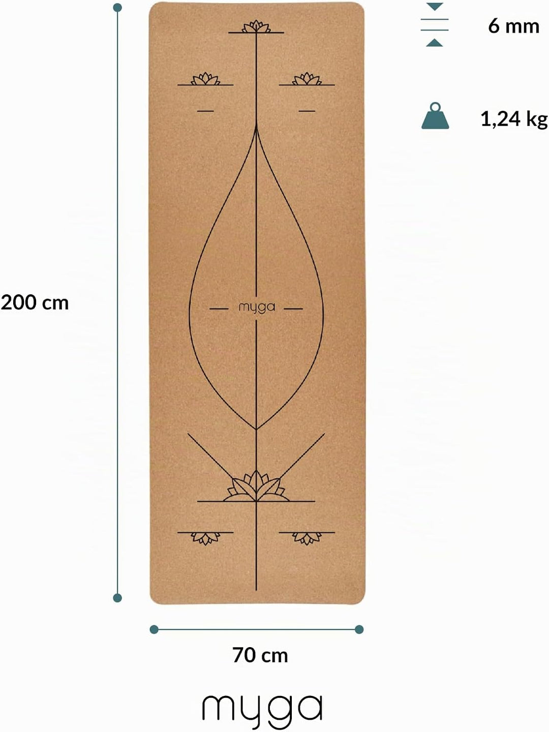 Myga XL Kork Yogamatte | 200 cm x 70 cm | Rutschfest, Wäremeregulierend & Leicht zu Tragen – 6 mm Di
