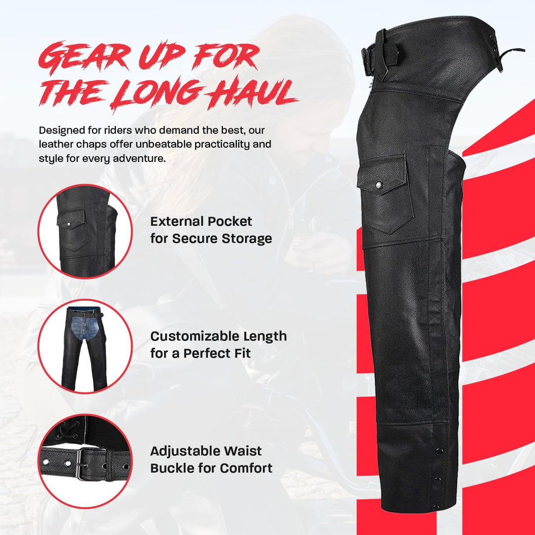 HWK Motorrad-Lederchaps für Damen und Herren, schwarze Motorradchaps für Strassenausschlagschutz und