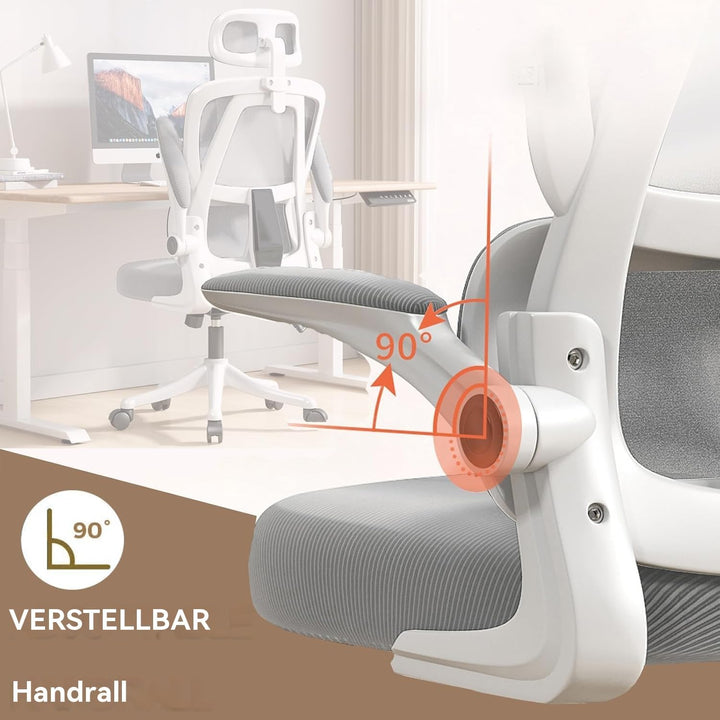 Ergonomischer Bürostuhl - Grau | Höhenverstellbarer Schreibtischstuhl mit Hochrücken,Mesh und Lenden