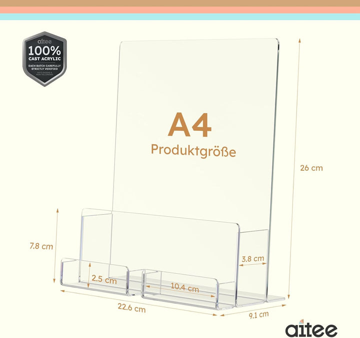 AITEE DIN A4 Tisch-Prospektständer: 2 Stück Acryl Transparenter Flyerständer mit Visitenkartenhalter