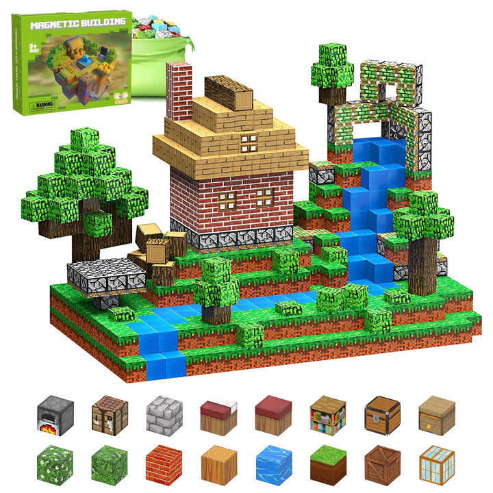 Magnetische Bausteine 120 Magnetblöcke mit 5 Minifiguren, 10 Aufklebern, Pixel Blocks Design, Kreati