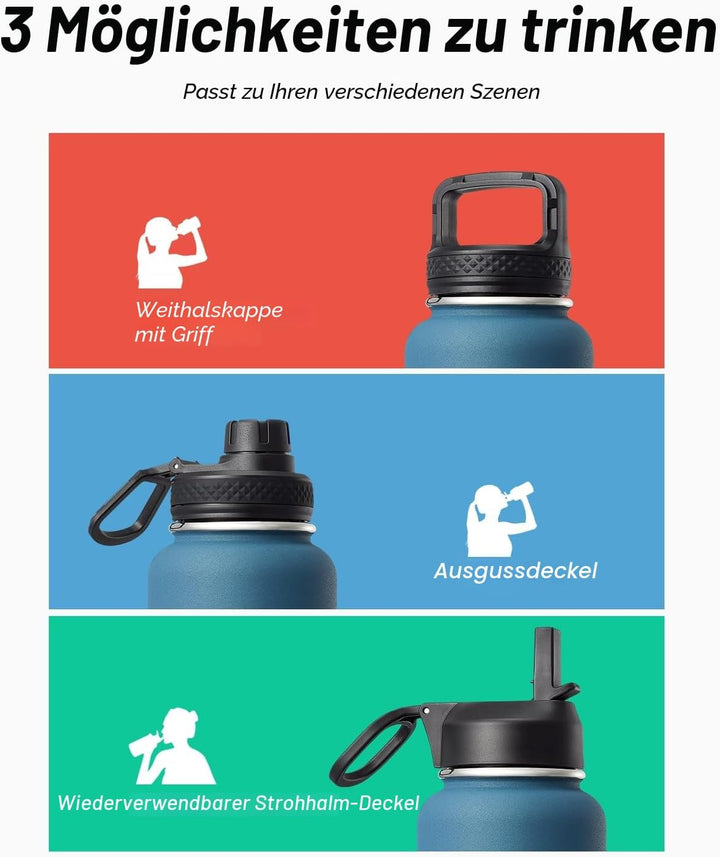 Coolflask Isolierte Wasserflasche 1L, Edelstahl Isolierte Wasserflasche mit Strohhalm & 3 Deckeln, D