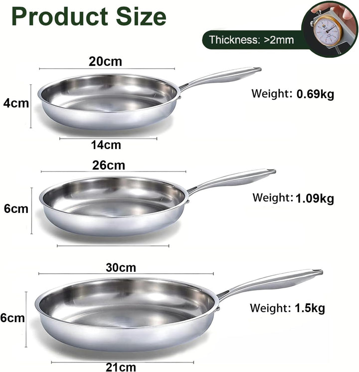 Pfannenset 3-teilig Unbeschichtet 20/26/28 cm – Durchgehend 3-lagige Edelstahlpfanne – Induktionsgee