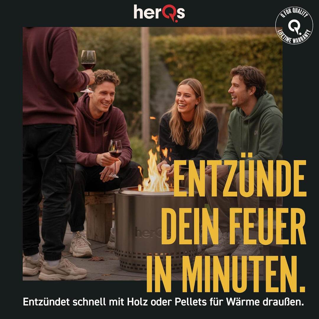 herQs Chief Feuerschale Rauchfrei – Tragbarer Feuerschale Edelstahl für Garten, Camping & Terrasse –