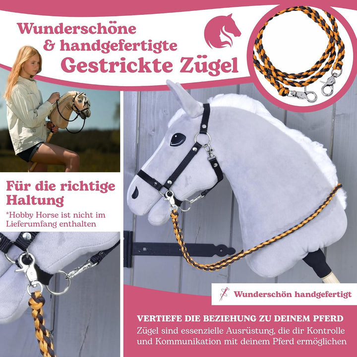 LarDen Hobby Horse Zubehör - Zügel | Pomello (Braun, Orange) | Handgefertigt | für Steckenpferd, Sto