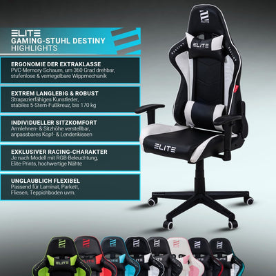 ELITE LED Gaming Stuhl MG200 Destiny - Ergonomischer Bürostuhl - Schreibtischstuhl - Chefsessel - Se