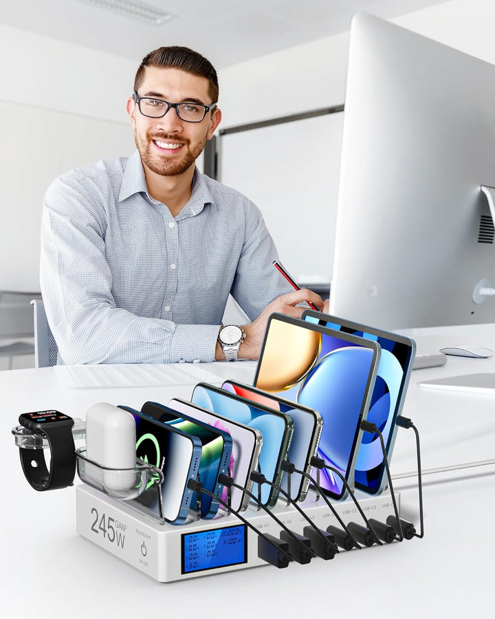 Ladestation Mehrere Geräte, 245W 7-Port-Handy Ladestation mit LCD-Anzeige, 100W PD USB C Schnelllade