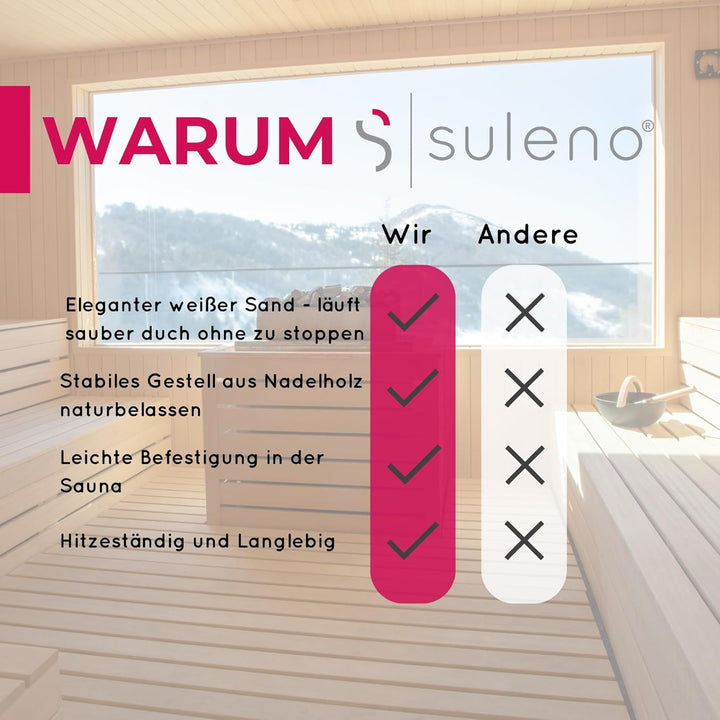 Suleno® Sauna Sanduhr 5-15 Minuten – Hitzebeständiger Zeitmesser aus Holz, Glaszylinder mit weissem