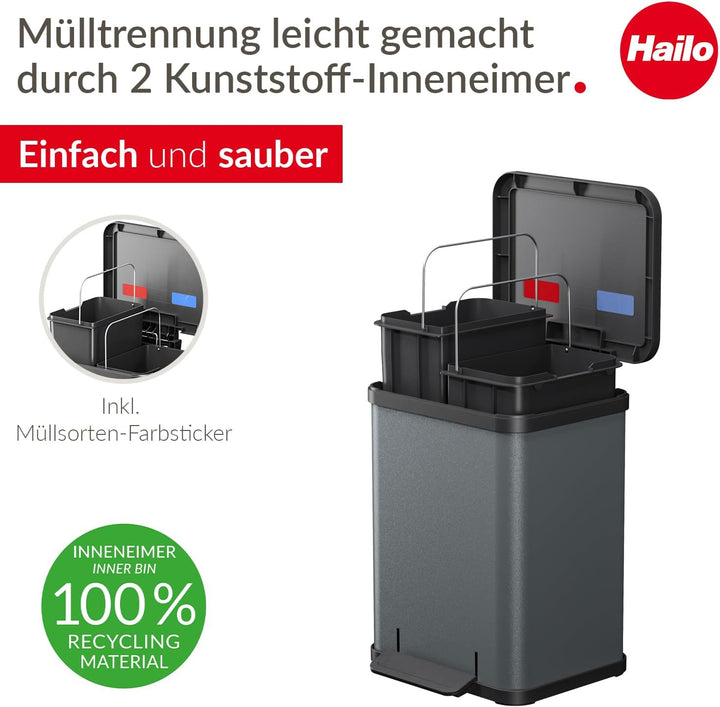 Hailo Öko duo Plus M Tret-Mülltrenner - freistehender 2 x 9 Liter Doppelmülleimer aus Stahlblech - M