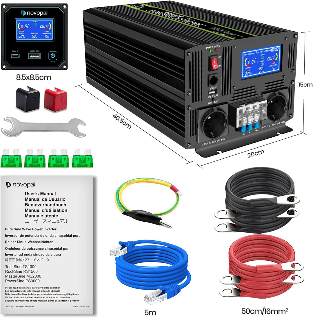 NOVOPAL 4000W KFZ Reiner Sinus Wechselrichter Spannungswandler 24V 230V mit LCD Display und 2 EU Ste