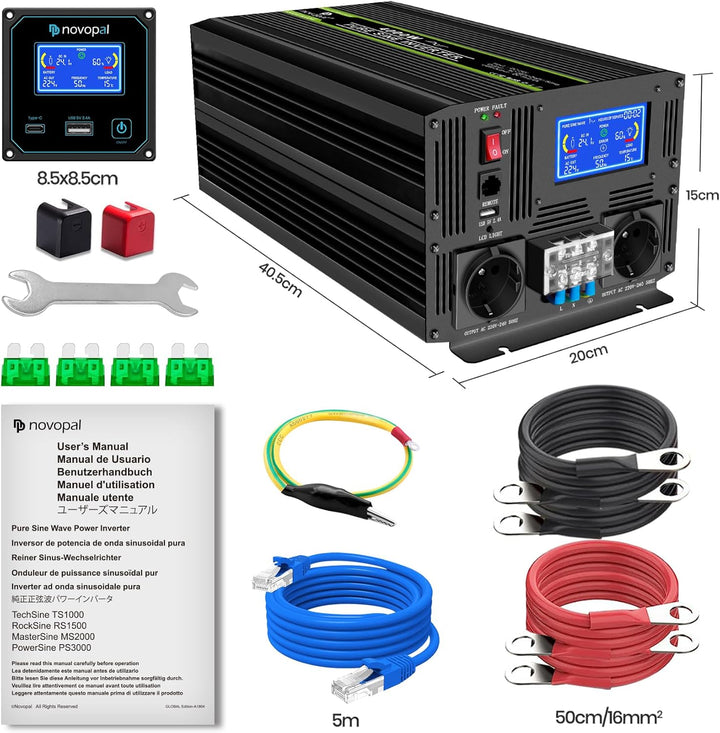 NOVOPAL 4000W KFZ Reiner Sinus Wechselrichter Spannungswandler 24V 230V mit LCD Display und 2 EU Ste