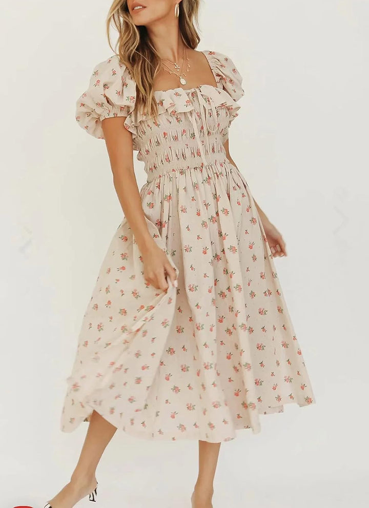 R.Vivimos Damen Casual A-Line Print Vierkant Puff Ärmel Kleid Saum Hohe Taille Midi Fitted Kleid Ber