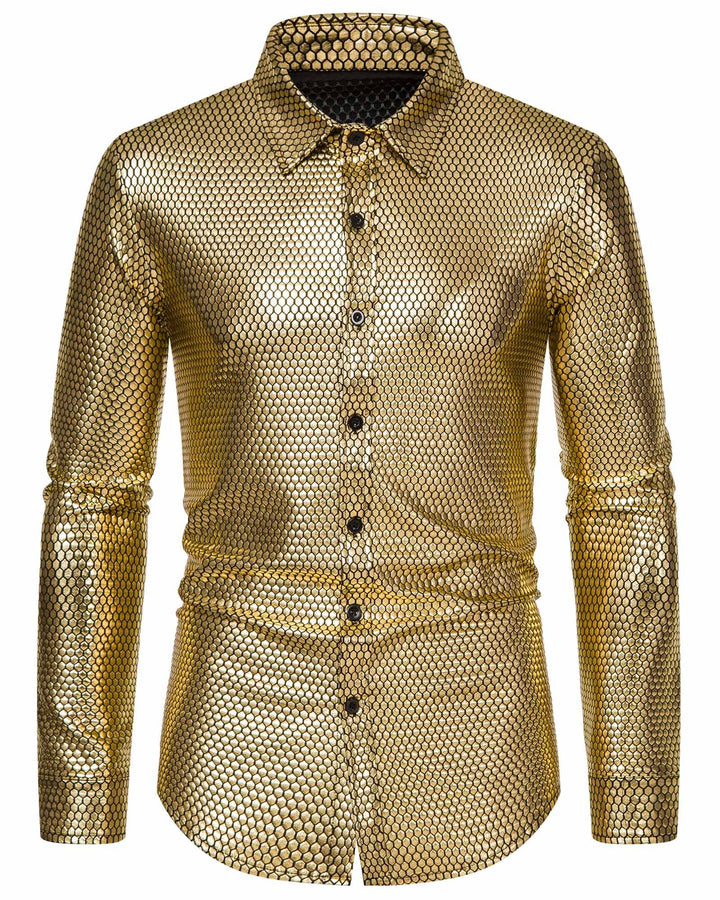 Herren Kleid Hemd Rhombus Bronzing Print Langarm Button Down Shirts 70er Jahre Disco Party Kostüm, G
