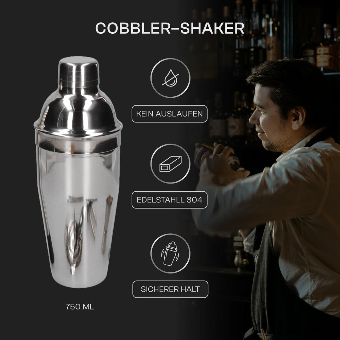 Whiskey Rocks 10-er Edelstahl Cocktail Set mit Bambusständer - Barkeeper Set mit Metall Shaker, Jigg