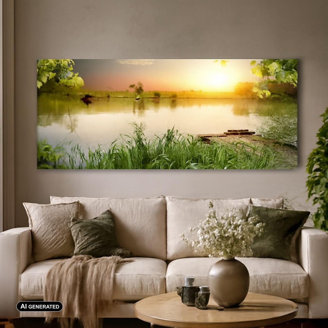 Panorama Bilder auf Leinwand Brücke See Leinwandbild mit Rahmen 90x30cm Wandbilder Dekoration Wohnzi