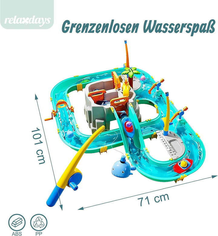 Relaxdays Wasserbahn Kinder, HBT: 71x71x101 cm, Outdoor, Wasserspielbahn, Boote &amp; Angel, Wasserstras