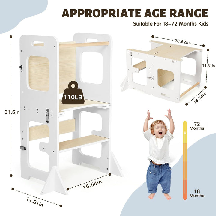 Labebe Lernturm ab 1 Jahr, Montessori Learning Tower mit Tafel, 3 in 1 Multifunktion Lernturm Klappb