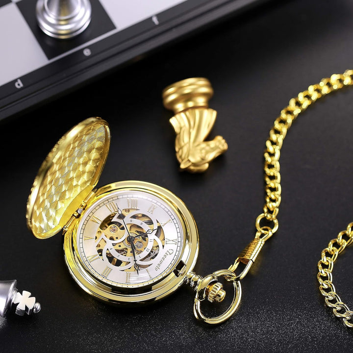 TREEWETO Unisex Taschenuhr mit Kette Analog Handaufzug Antik Graviert Römische Silber/Gold/Schwarz,