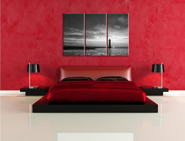 Pixxprint Leuchtturm im Sonnenuntergang / 3-Teilig/Gesamtmass 120cm Leinwandbild bespannt auf Holzra