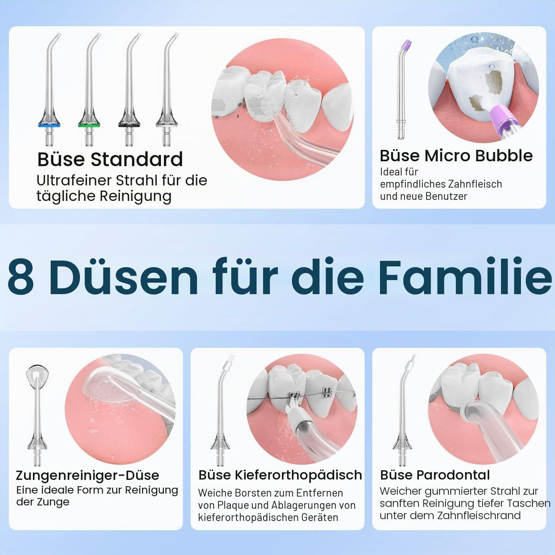 Munddusche, tragbar, Wasserfloss, Munddusche 5 Modi und 8 Düsen, Tank 300 ml, USB aufgeladen, wasser