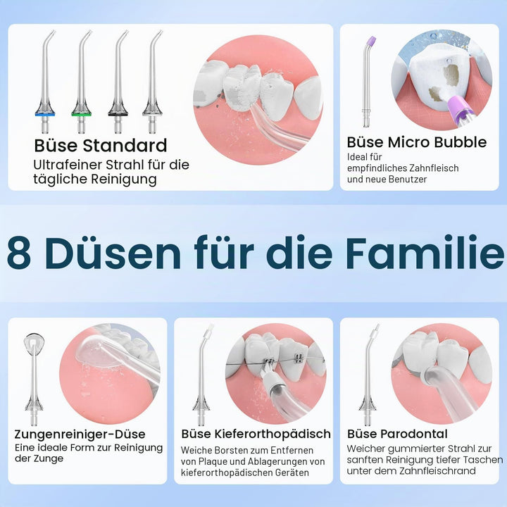 Munddusche, tragbar, Wasserfloss, Munddusche 5 Modi und 8 Düsen, Tank 300 ml, USB aufgeladen, wasser