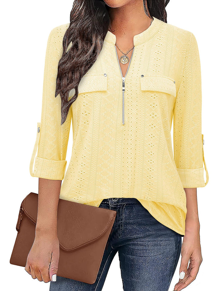 Siddhe Damen V-Ausschnitt Bluse 3/4 Ärmel Tunika mit Reissverschluss Elegant Longbluse Lange Shirt C