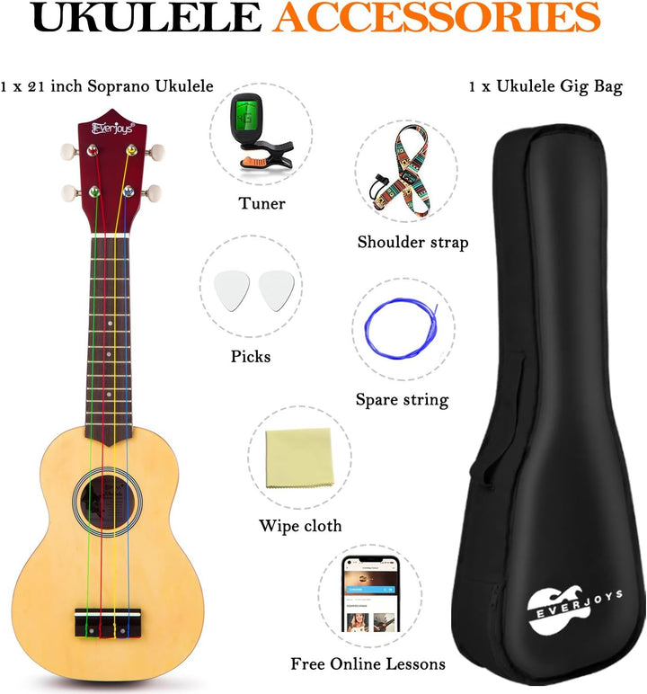 Everjoys Sopran Ukulele Set für Erwachsene 21 Zoll Ukulele Starter Kit mit Tasche, Tuner, Songbook,