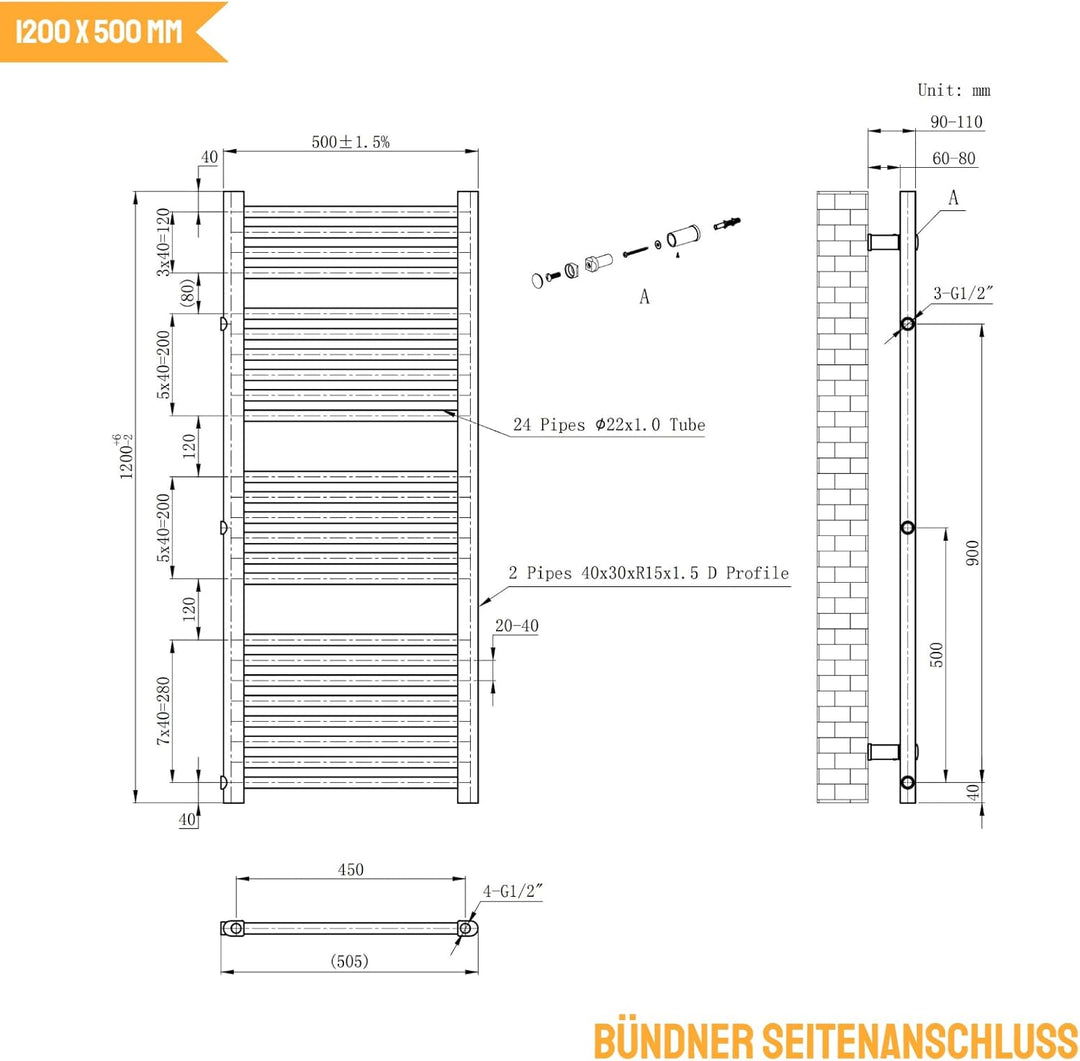 WITEN&NOCK handtuchheizkörper Badheizkörper 1200x 500 mm Designheizkörper Heizkörper Seitenanschluss