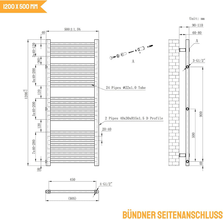 WITEN&NOCK handtuchheizkörper Badheizkörper 1200x 500 mm Designheizkörper Heizkörper Seitenanschluss