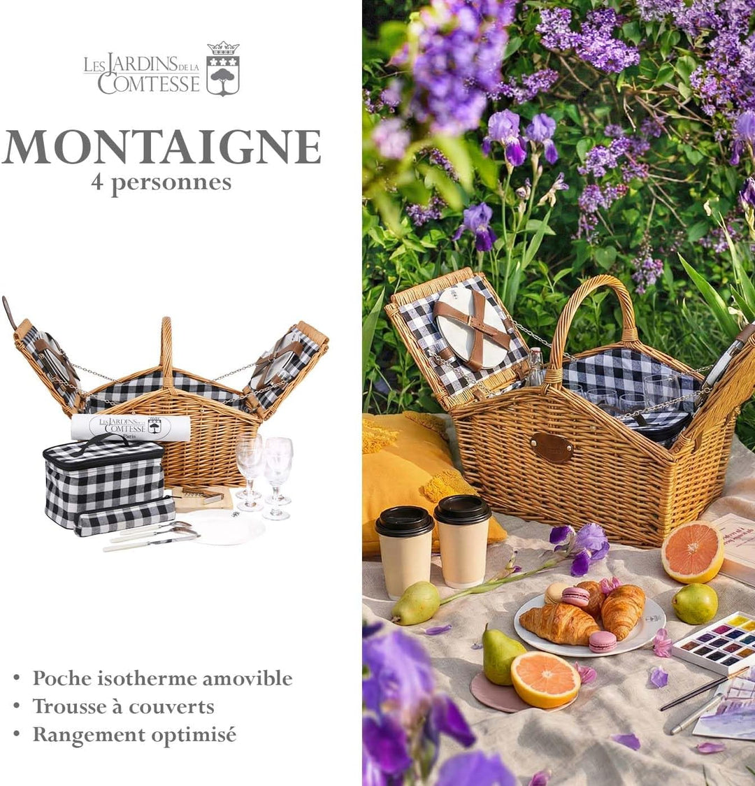 Les Jardins de la Comtesse - Picknickkorb für 4 Personen aus natürlicher Weide – Kariert in Schwarz