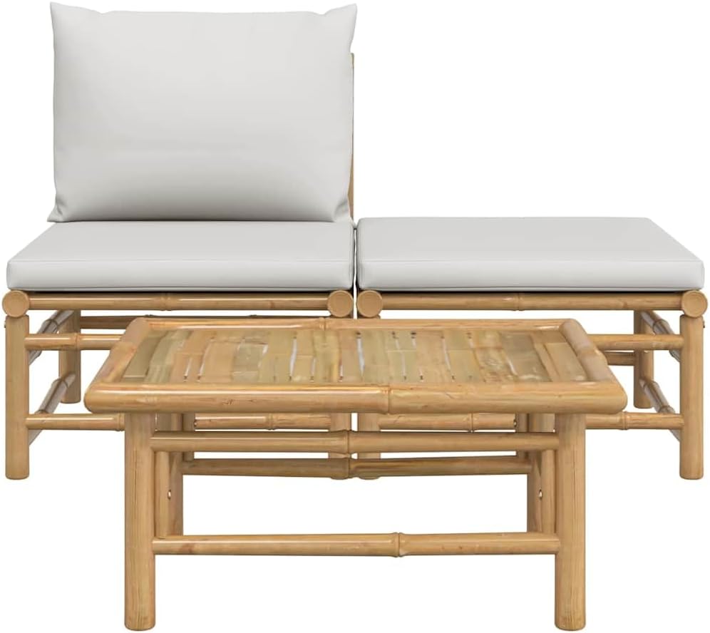 vidaXL 3-TLG. Garten-Lounge-Set mit Hellgrauen Kissen Bambus Mittelteil + Fussstütze + Tisch Hellgra