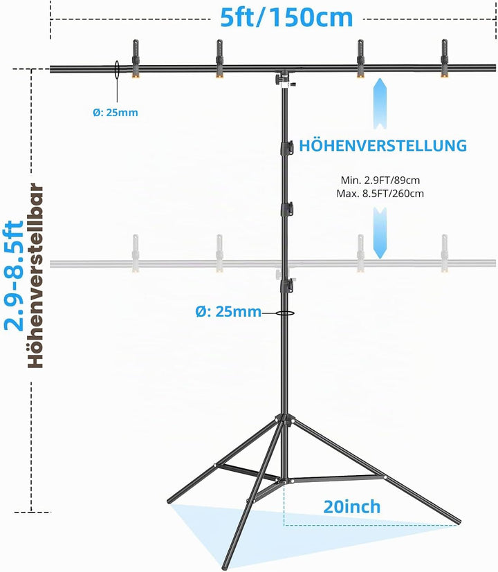 EMART T Form Hintergrund Ständer Hintergrundsystem, 1,5mx2,6m Fotohintergrund Ständer mit 4 Federcli