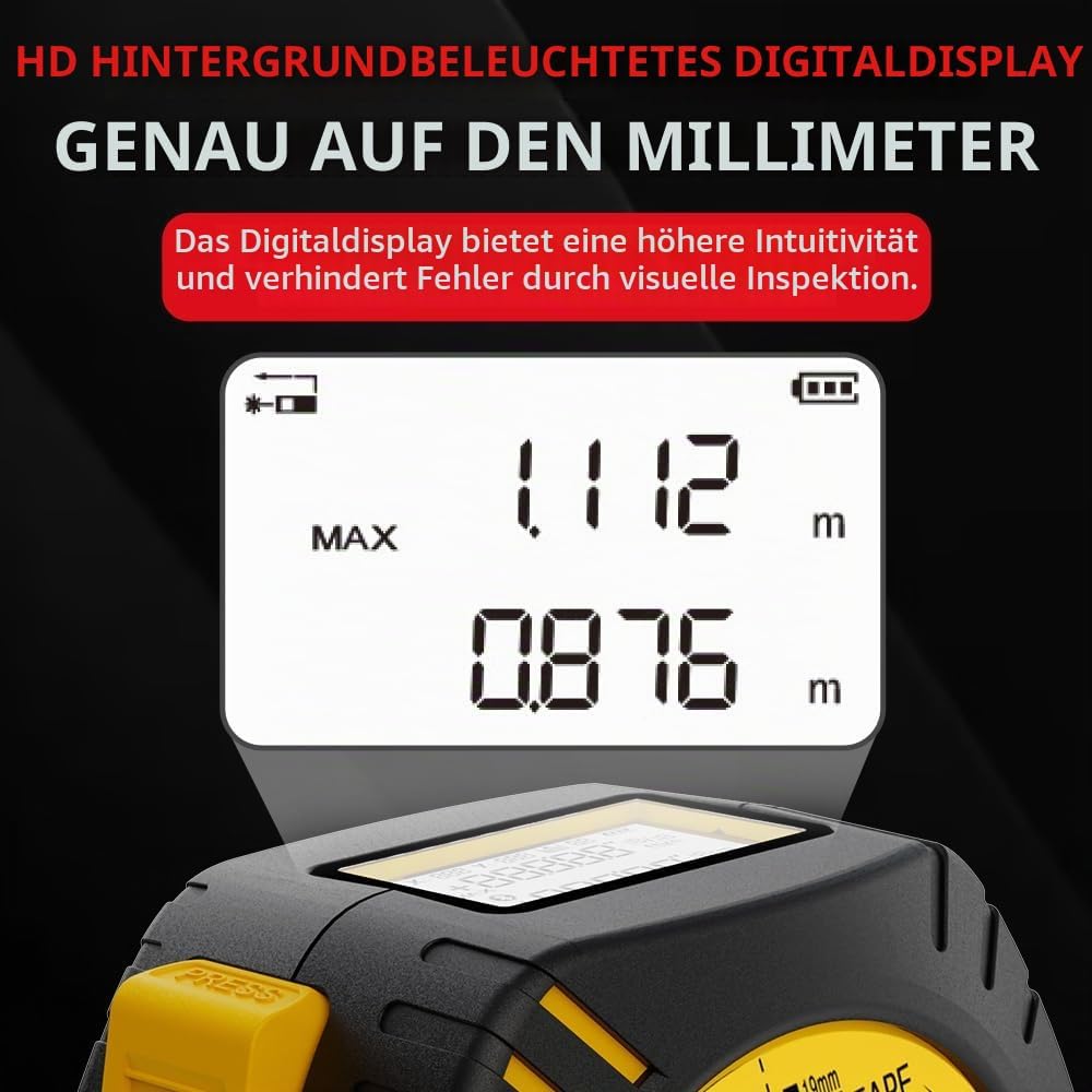 REVASRI Digitales Massband, 40 m Laser Entfernungsmesser &amp; 5m Massband, Echtzeit-Digitalanzeige Einh