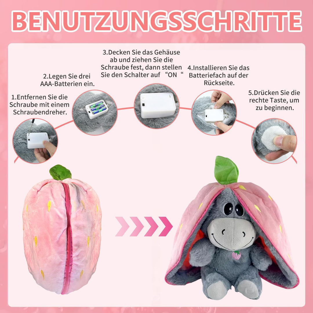 Aohcae Atmendes Kuscheltier Esel, Einschlafhilfe Babys Kuscheltier mit Musik und 4 Beruhigungsmodi,