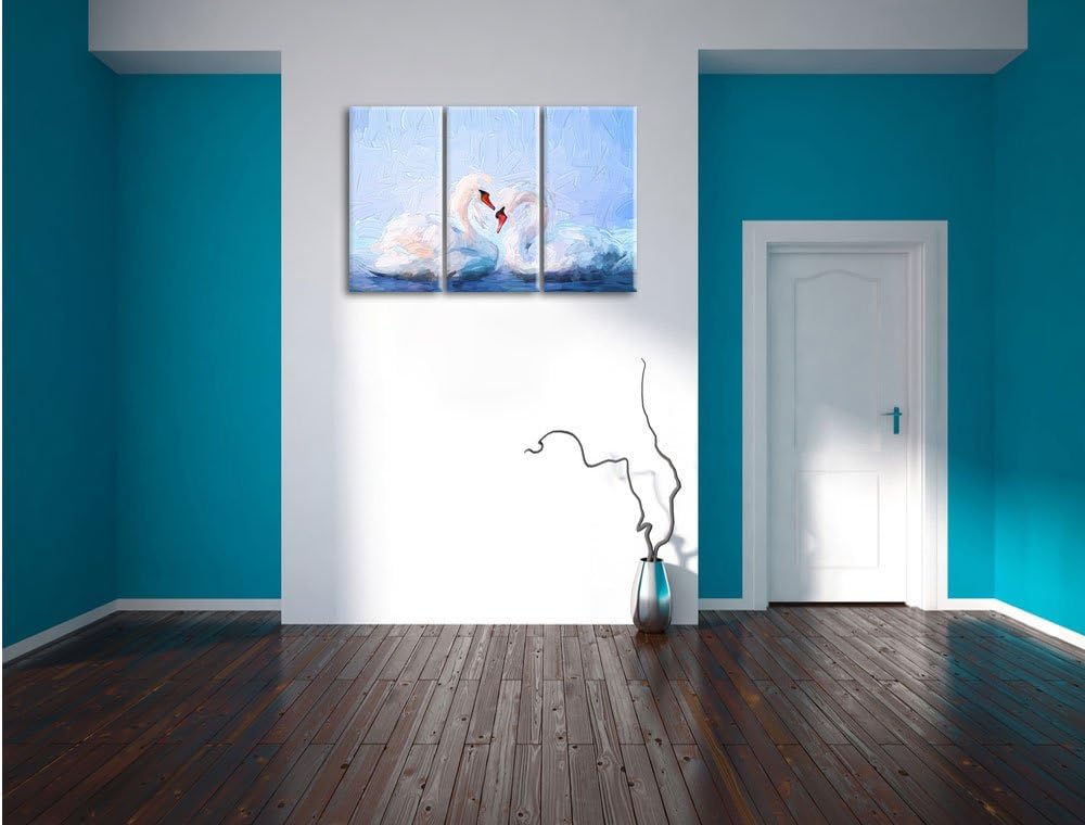Pixxprint Zwei Schwäne auf dem Wasser Kunst als Leinwandbild/Grösse: 3 Teilig (120x80) cm/Wandbild/K