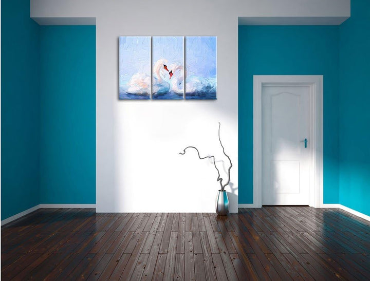 Pixxprint Zwei Schwäne auf dem Wasser Kunst als Leinwandbild/Grösse: 3 Teilig (120x80) cm/Wandbild/K