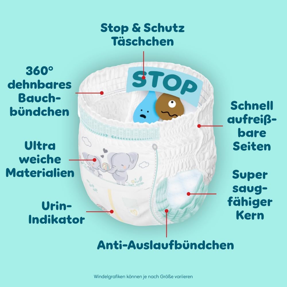 Pampers Baby Windeln Pants Grösse 4 (9-15kg) Premium Protection, Maxi mit Stop- und Schutz Täschchen